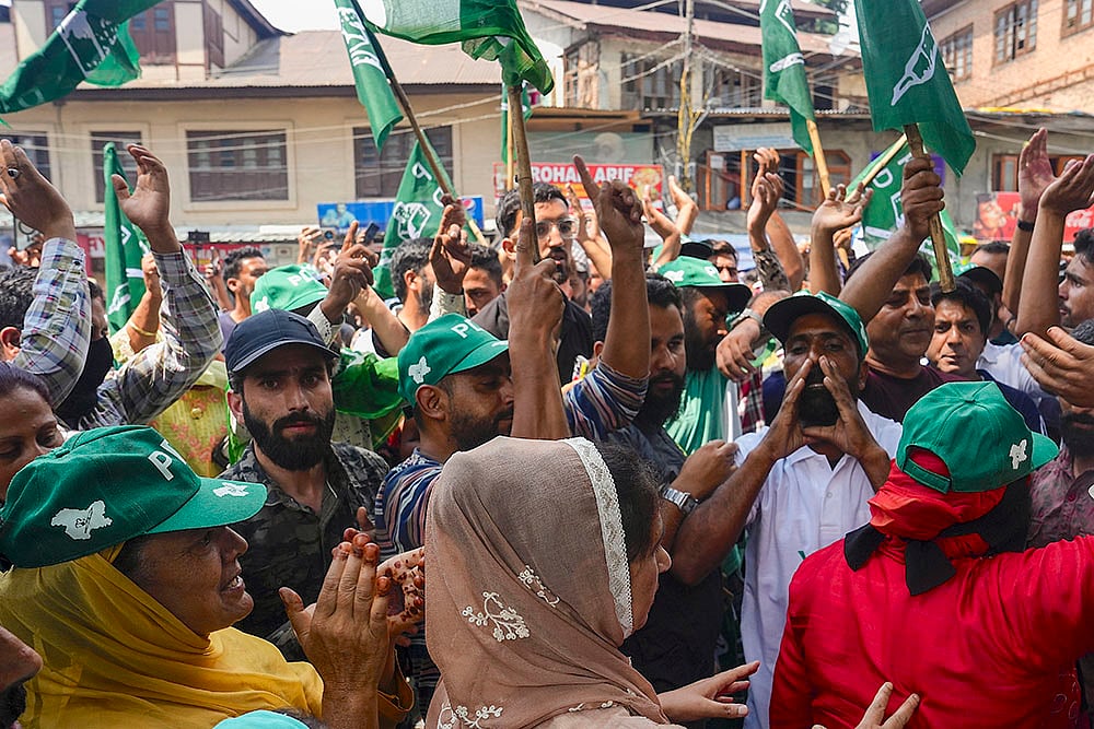 | Photo: PTI/S Irfan : PDP's Zuhaib Mir files nomination for J&K polls